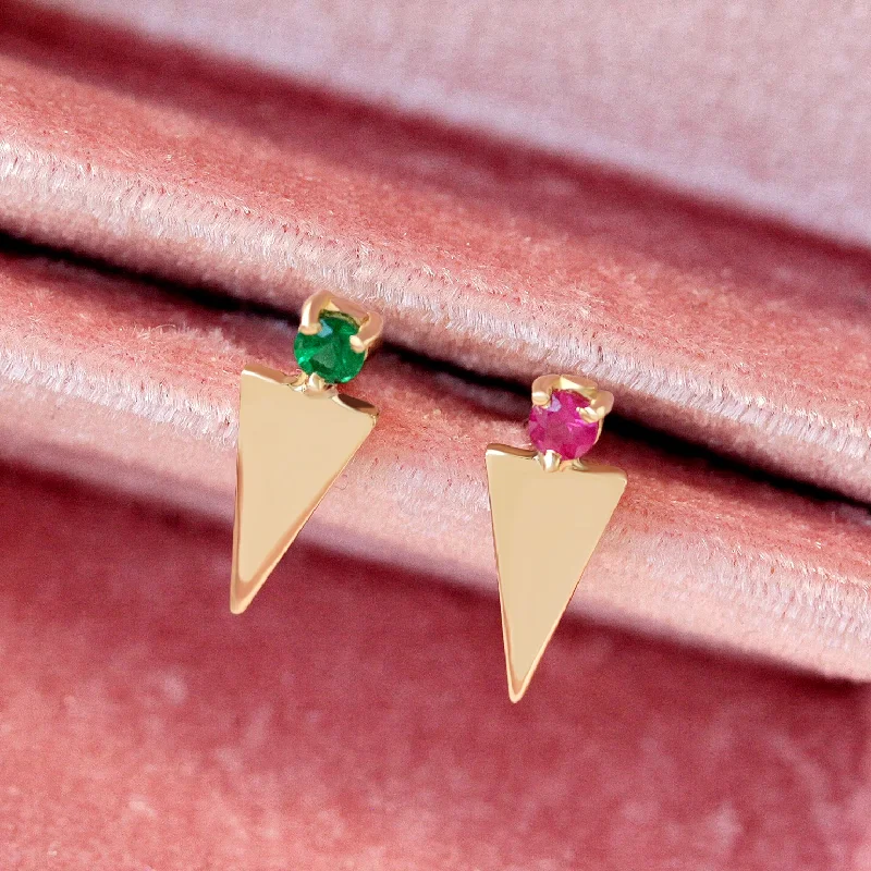 colorful stud earrings -Triganle Gemstone and Gold Stud Earrings