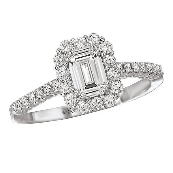 women’s engagement rings with emeralds -14KT WHITE GOLD 3/4 CTW EMERALD CUT DIAMOND HALO RING