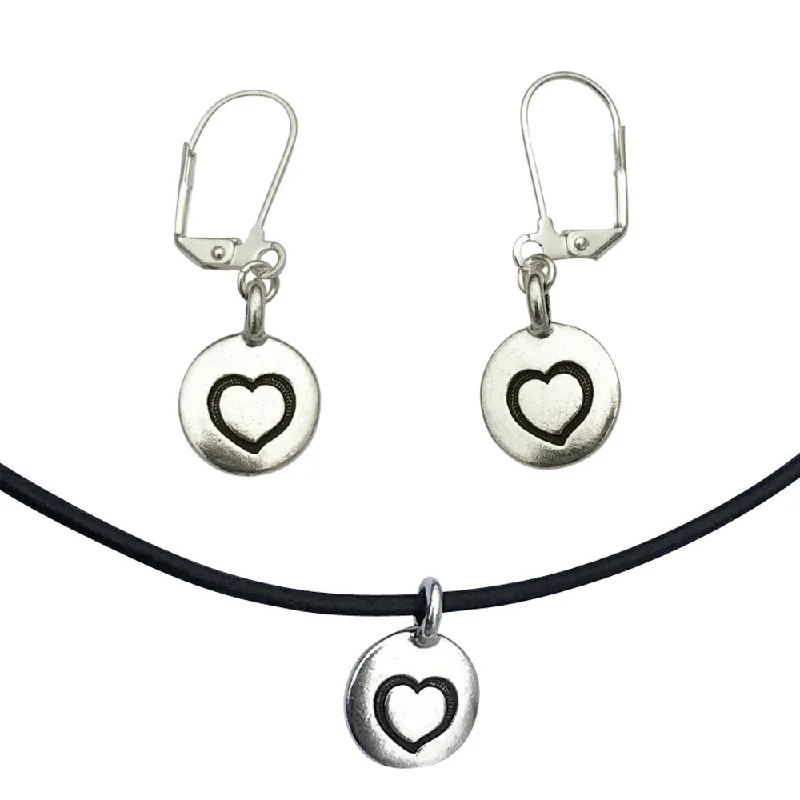 beautiful ear studs -DragonWeave Heart Circle Charm Necklace and Earring Set, Silver Plated Black Leather Choker and Leverback Earrings