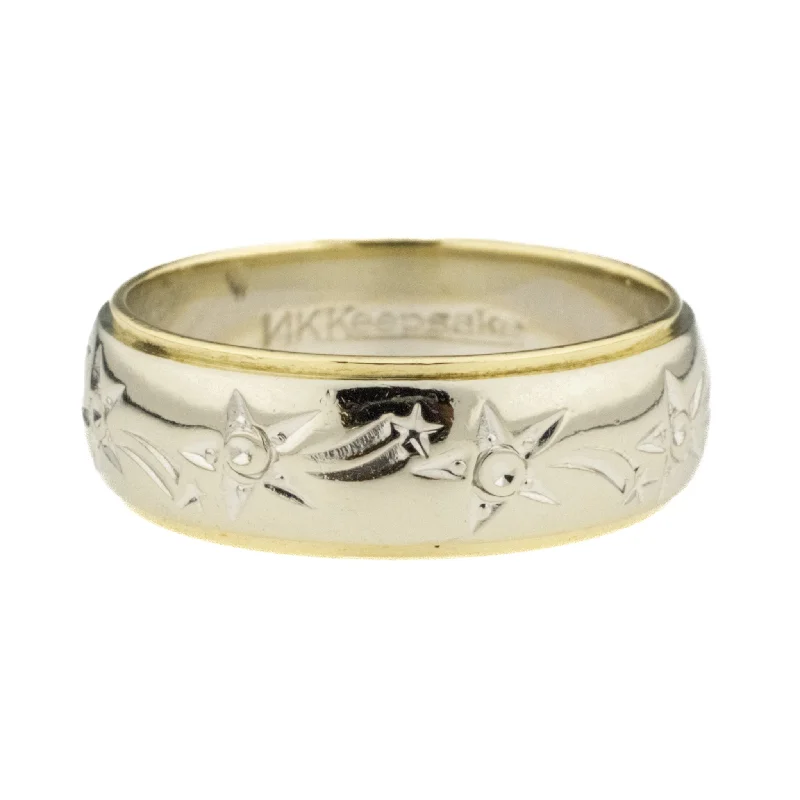 bold engagement rings -7mm Wide Shooting Stars Gold Band Ring in 14K Two Tone Gold - Size 8.25