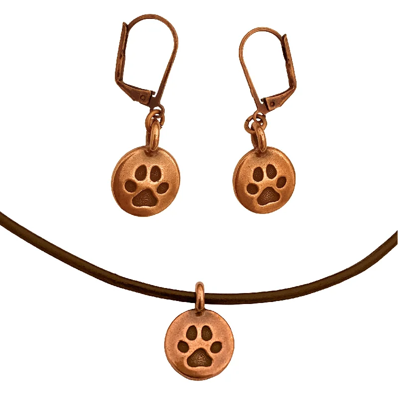 women’s gold drop earrings -DragonWeave Paw Circle Charm Necklace and Earring Set, Antique Copper Brown Leather Choker and Leverback Earrings