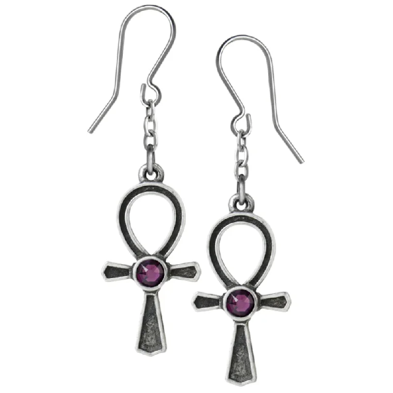 silver earrings for women -Ankh Of Osiris Amethyst Crystal Earrings by Alchemy Gothic