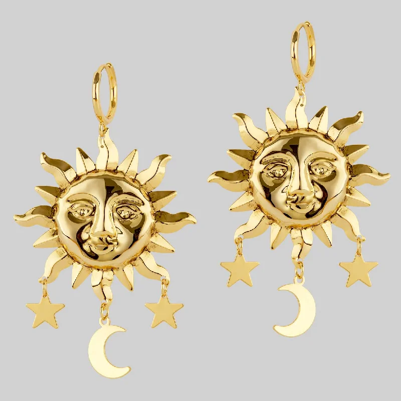 dangly earrings for women -HELIOS. Sun & Moon Dream Catcher Hoop Earrings - Gold