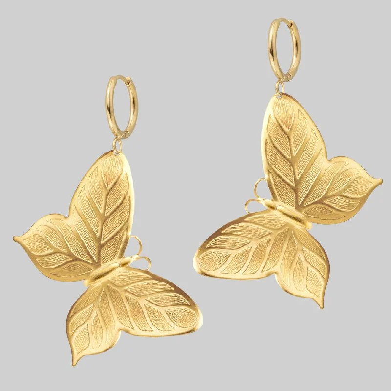 trendy drop earrings -NEW DAWN. Huge Butterfly Hoop Earrings - Gold