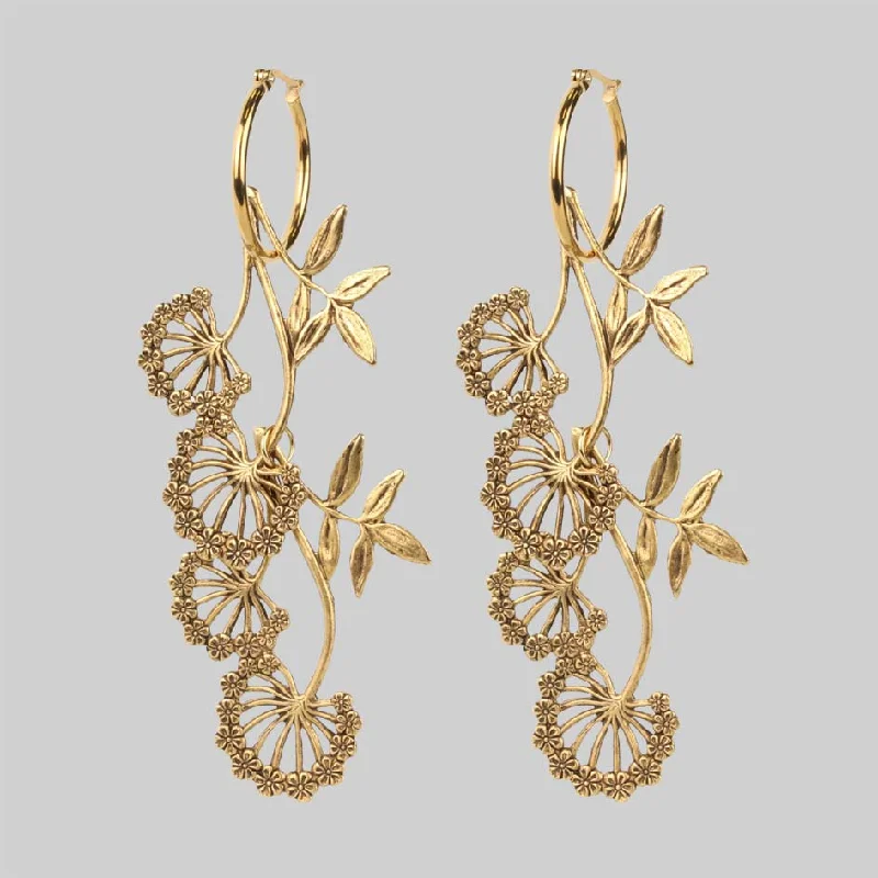 vintage-style earrings -AELLA. Floral Drop Hoop Earrings - Gold