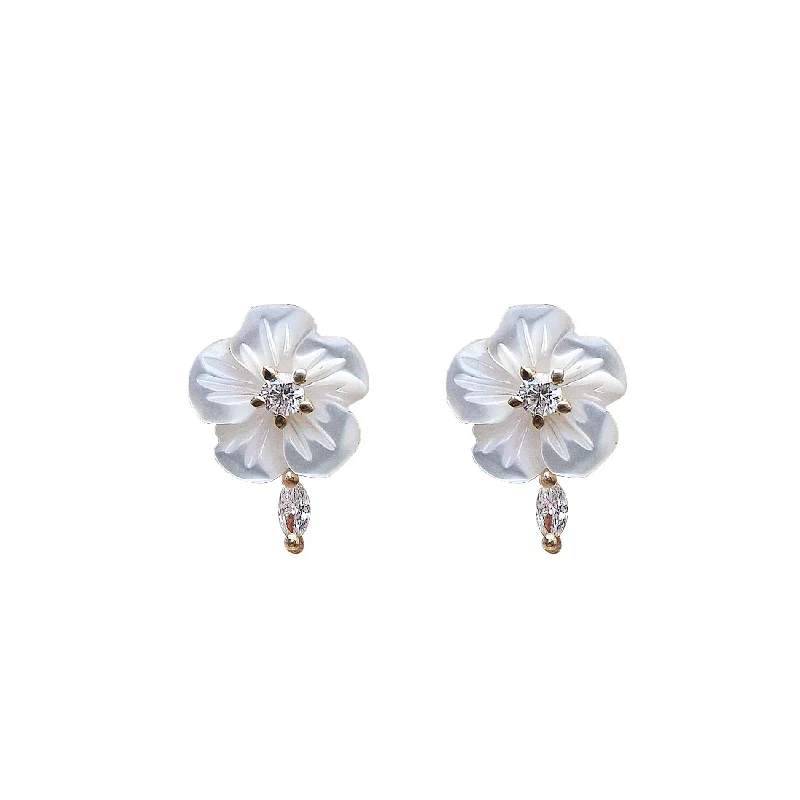 boho earrings for women -Small Pearl Flower Marqusie Diamond Stud Earrings, Bridal Earrings