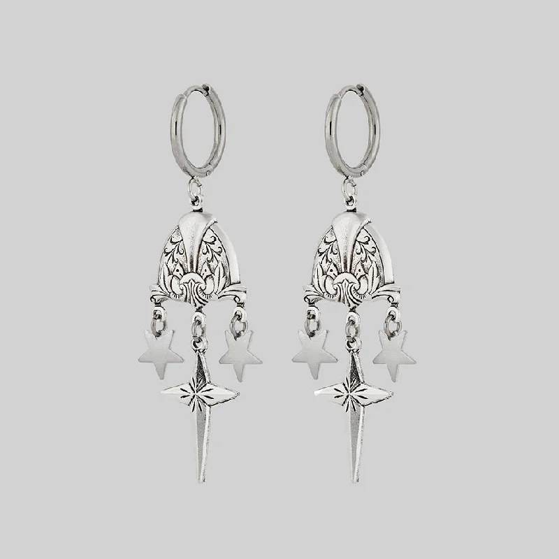 gemstone earrings for women -MONA. Ornate Shield & Tiny Star Drop Earrings - Silver