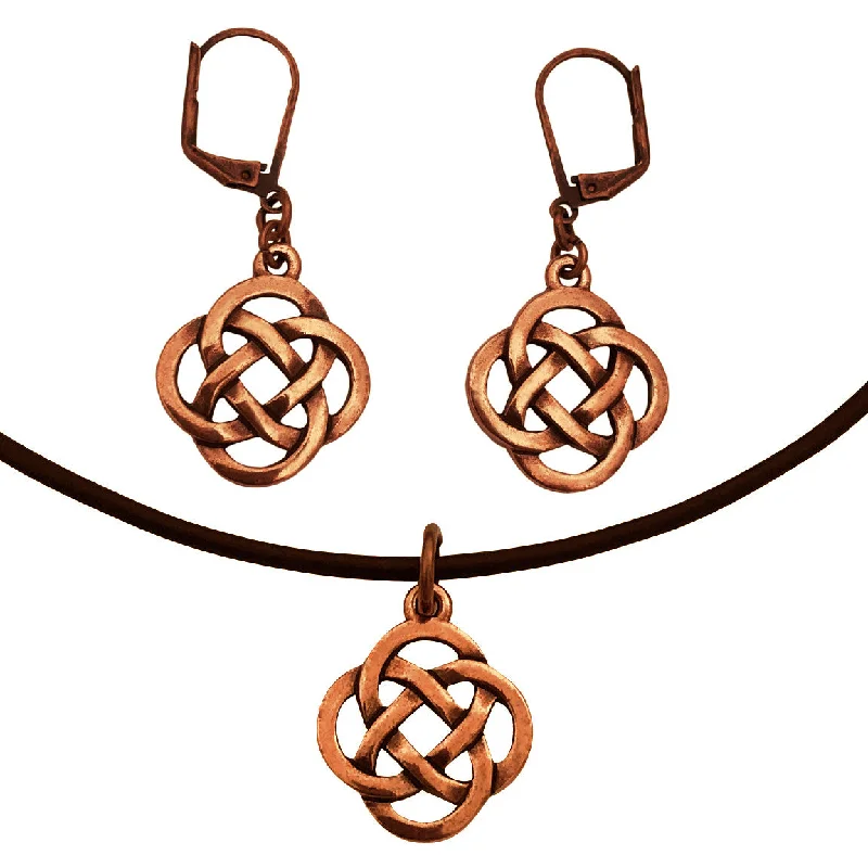 modern diamond earrings -DragonWeave Infinity Knot Charm Necklace and Earring Set, Antique Copper Brown Leather Choker and Leverback Earrings