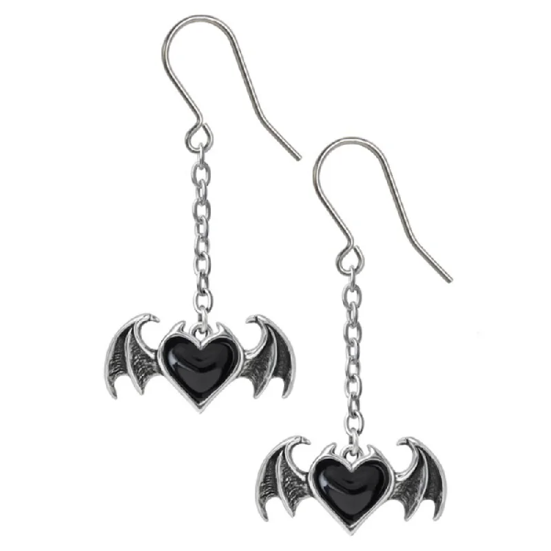 bold gemstone earrings -Blacksoul Droppers Demon Black Heart Drop Earrings by Alchemy Gothic