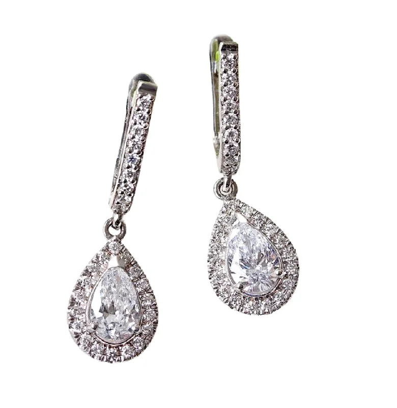 luxury gemstone drop earrings -Huggie earrings pear diamond halo drop