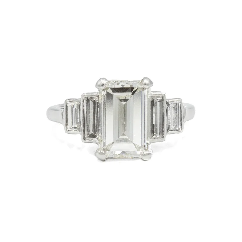 solitaire rings for women -Platinum Vintage Emerald-Cut 5 Stone Diamond Ring