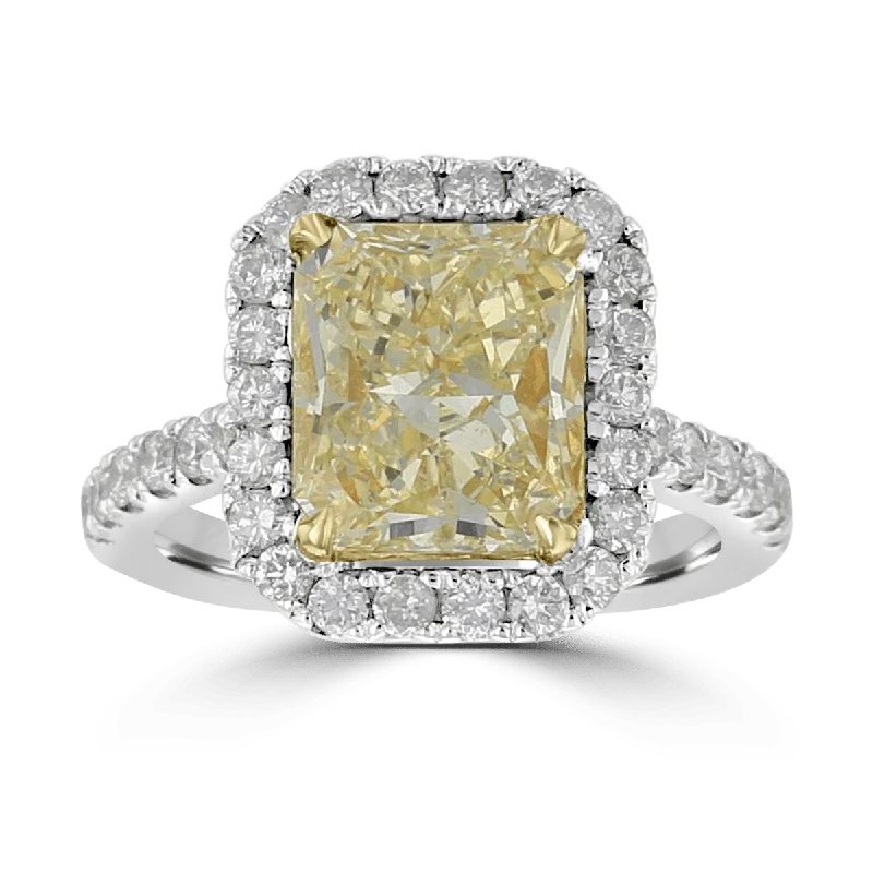 custom fit engagement rings -14KT WHITE GOLD 3.78 CTW YELLOW DIAMOND EMERALD STYLE HALO RING