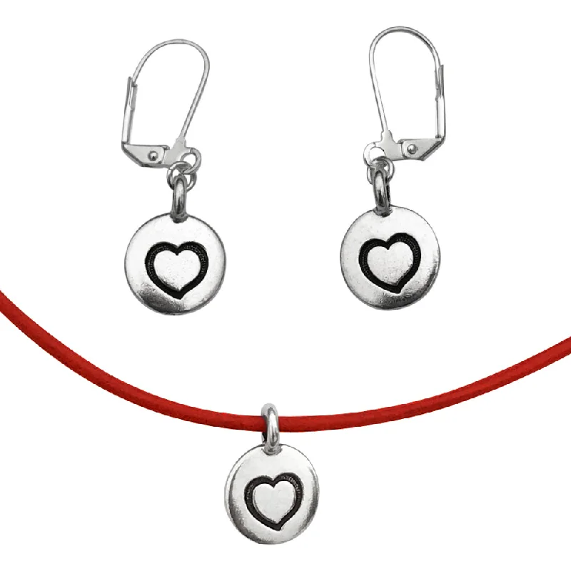 sapphire earrings for women -DragonWeave Heart Circle Charm Necklace and Earring Set, Silver Plated Red Leather Choker and Leverback Earrings