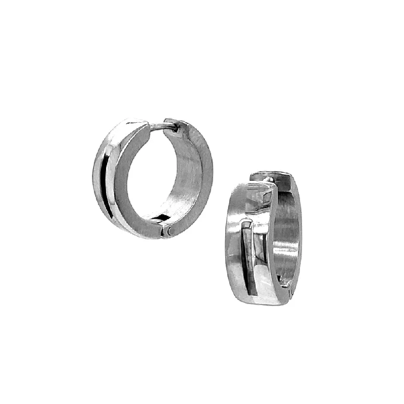 luxury earrings for women -Medium Dual Finish Stainless Steel Huggie Earrings - "Round Notch Hoops"