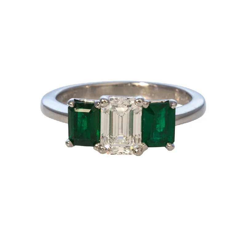 sapphire engagement rings -1.13ctw Emerald-Cut Diamond & Emerald Three-Stone Platinum Ring