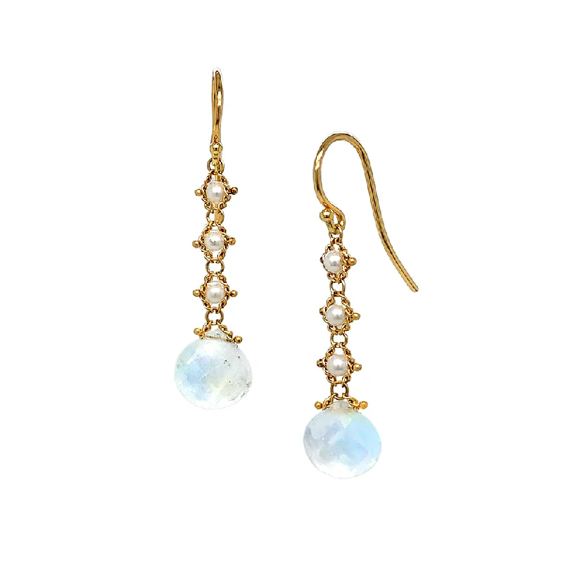 beautiful ear studs -Moonstone & Pearl Woven Drop Earrings - "Moon Drop"