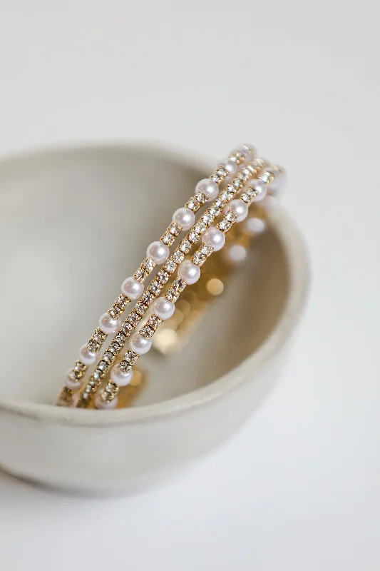 Molly Gold Rhinestone Pearl Bangle Bracelet