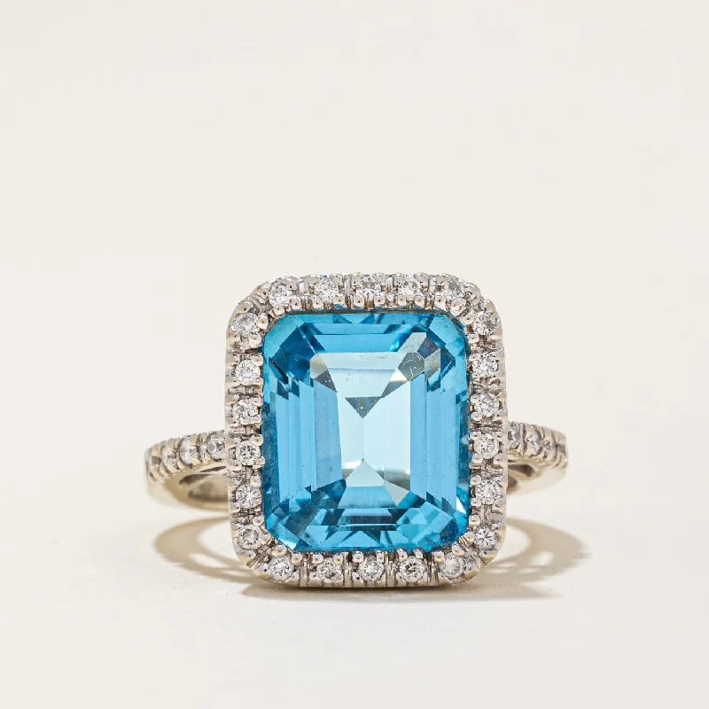 large gemstone rings -Blue Topaz & Diamond Halo Cocktail Ring | 6.50ct, 0.25ctw | SZ 5.25 |