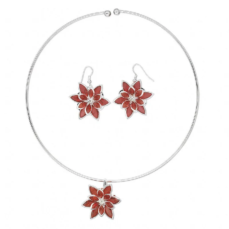 stylish earrings for women -Christmas Holiday Poinsettia Crystal Red Flower Pendant Necklace and Earrings Set