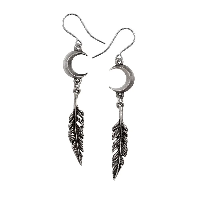 large hoop earrings -Pagan Dream Catcher Crescent Moon Feather Earrings by Alchemy Gothic