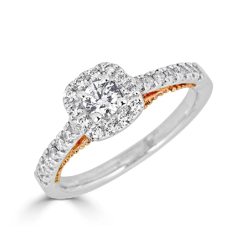 eco-conscious engagement rings -JULEVE 14KT GOLD .50 CTW DIAMOND CUSHION HALO CATHEDRAL RING