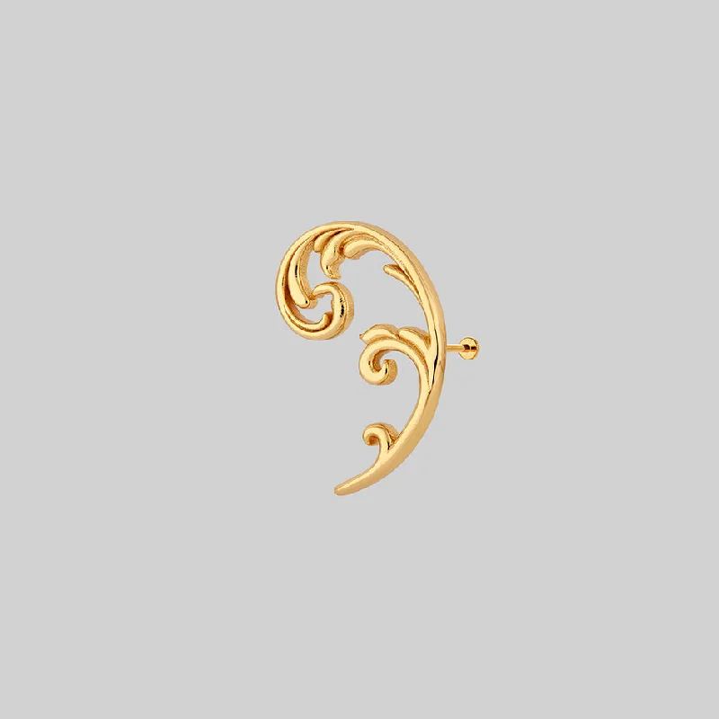 trendy gold earrings -IMPERIAL. Ornate Flourish Arch Stud Earring - Gold