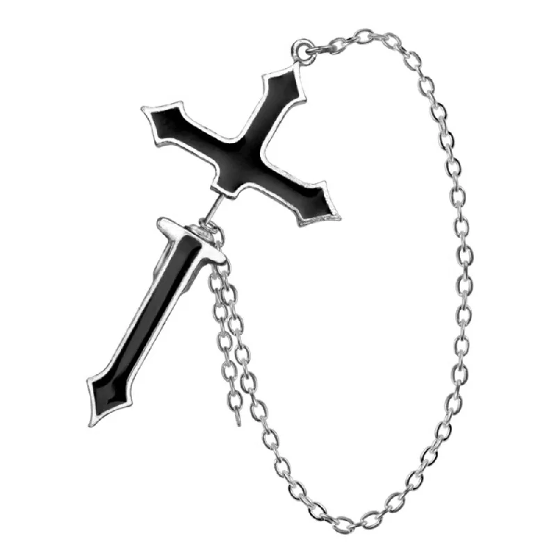 trendy earrings for women -Impalare Black Cross Single Faux Stretcher Earring by Alchemy Gothic