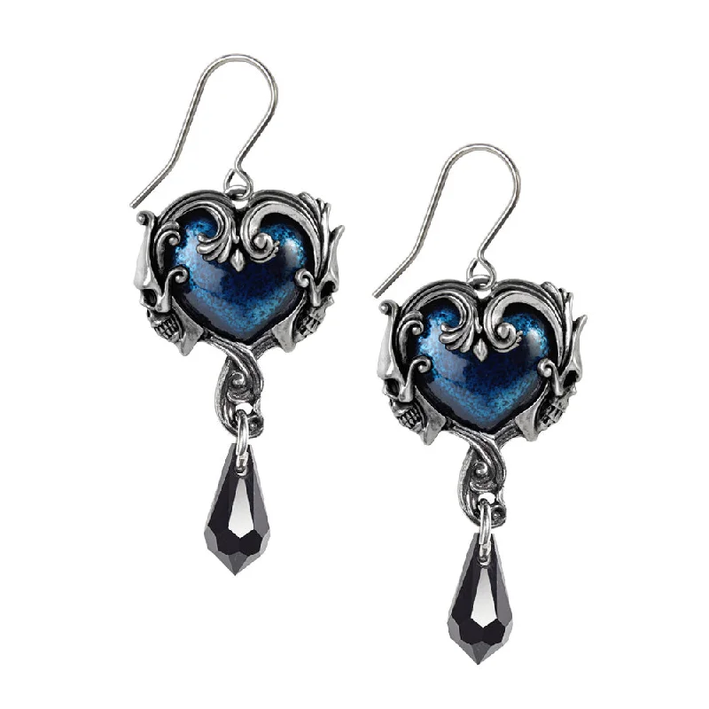 fashion-forward earrings -Affaire Du Coeur Earrings Crystal Heart Skull Drops by Alchemy Gothic