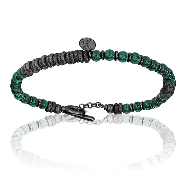 Green Malaquite Stone Beaded Bracelet with Black PVD