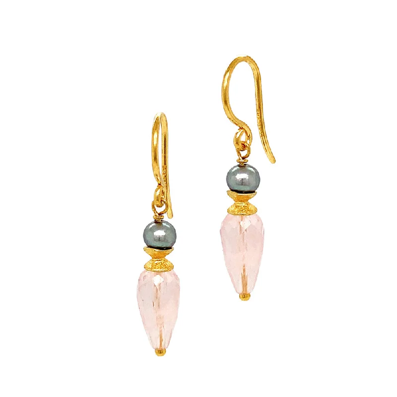 chic gold stud earrings -Grey Pearl & Rose Quartz Drop Earrings