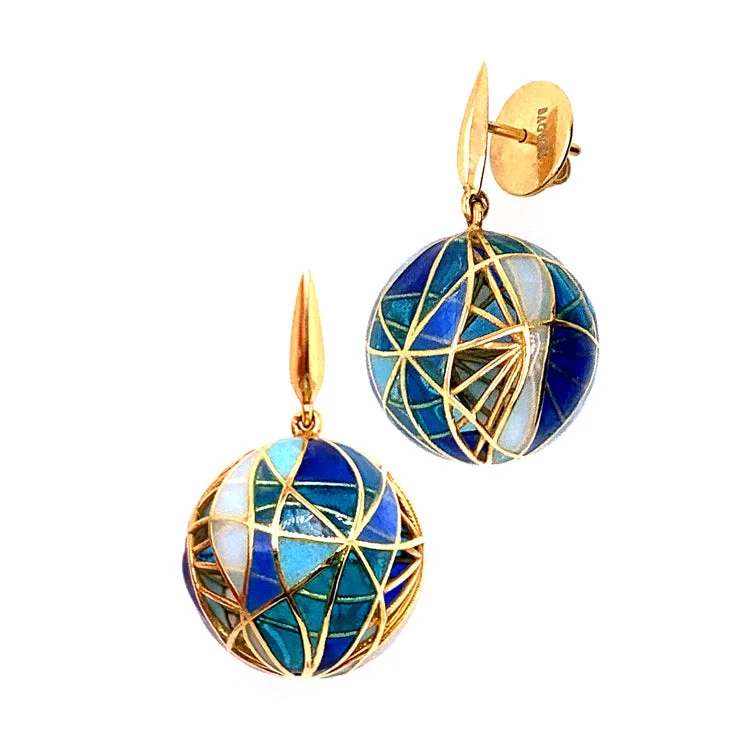 luxury gemstone drop earrings -Yellow Gold and Fired Enamel Orb Earrings - "Blue Barcelona"