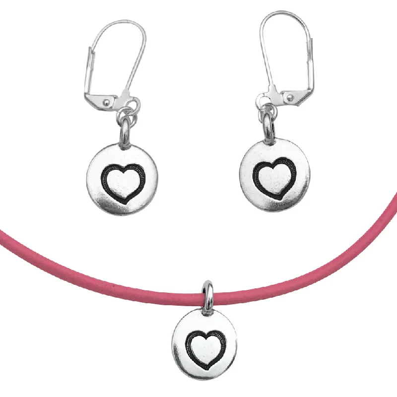 geometric hoop earrings -DragonWeave Heart Circle Charm Necklace and Earring Set, Silver Plated Pink Leather Choker and Leverback Earrings