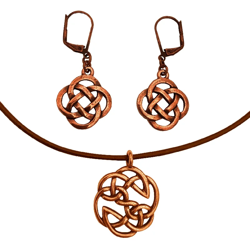 heart-shaped earrings -DragonWeave Celtic Open Knot Charm Necklace and Earring Set, Antique Copper Brown Leather Choker and Leverback Earrings