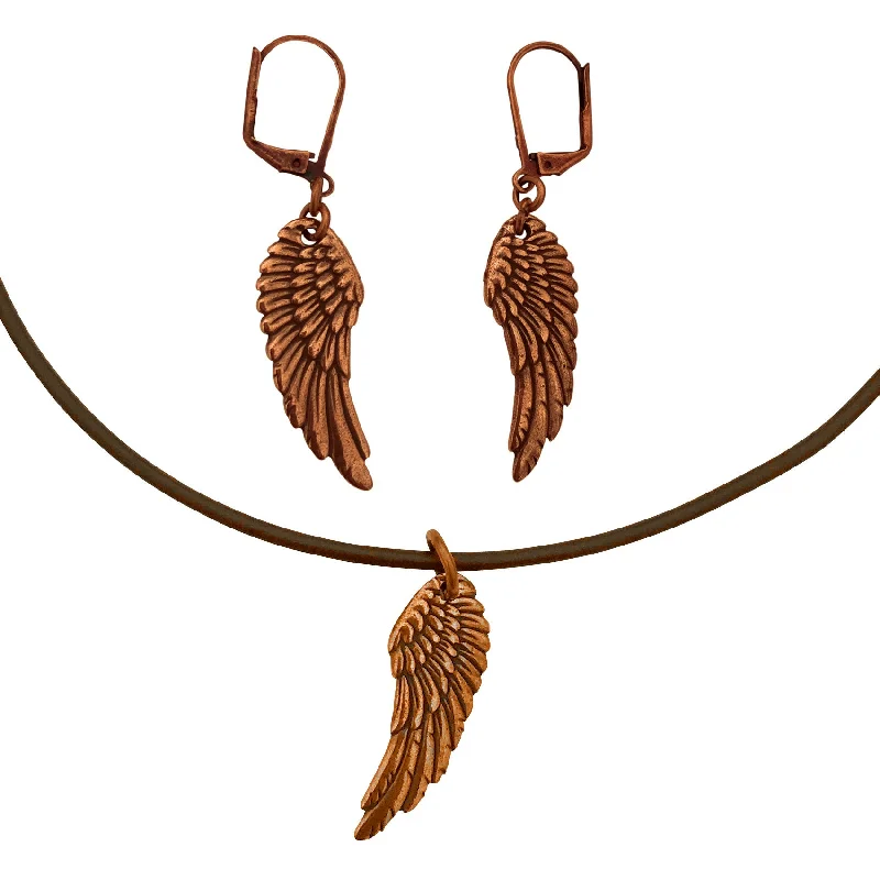 heart-shaped earrings -DragonWeave Wing Charm Necklace and Earring Set, Antique Copper Brown Leather Choker and Leverback Earrings