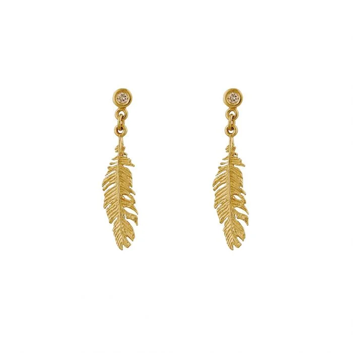 elegant gold drop earrings -18K Gold & Champagne Diamond Drop Earrings - "Plume"