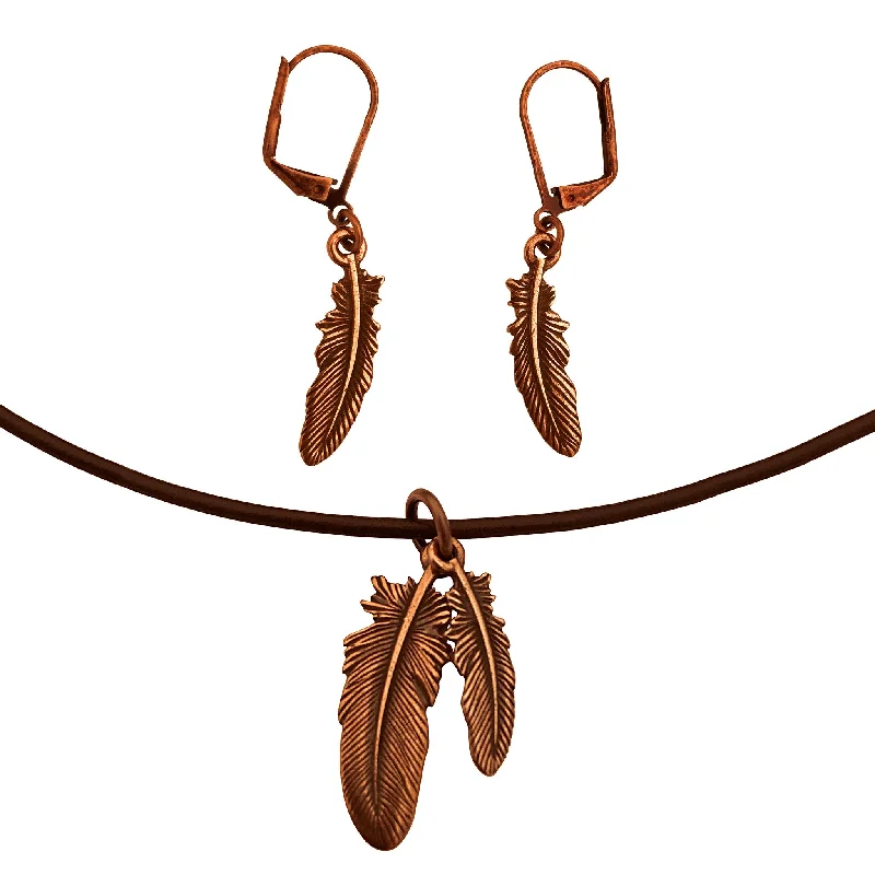 long dangly earrings -DragonWeave Feather Charm Necklace and Earring Set, Antique Copper Brown Leather Choker and Leverback Earrings