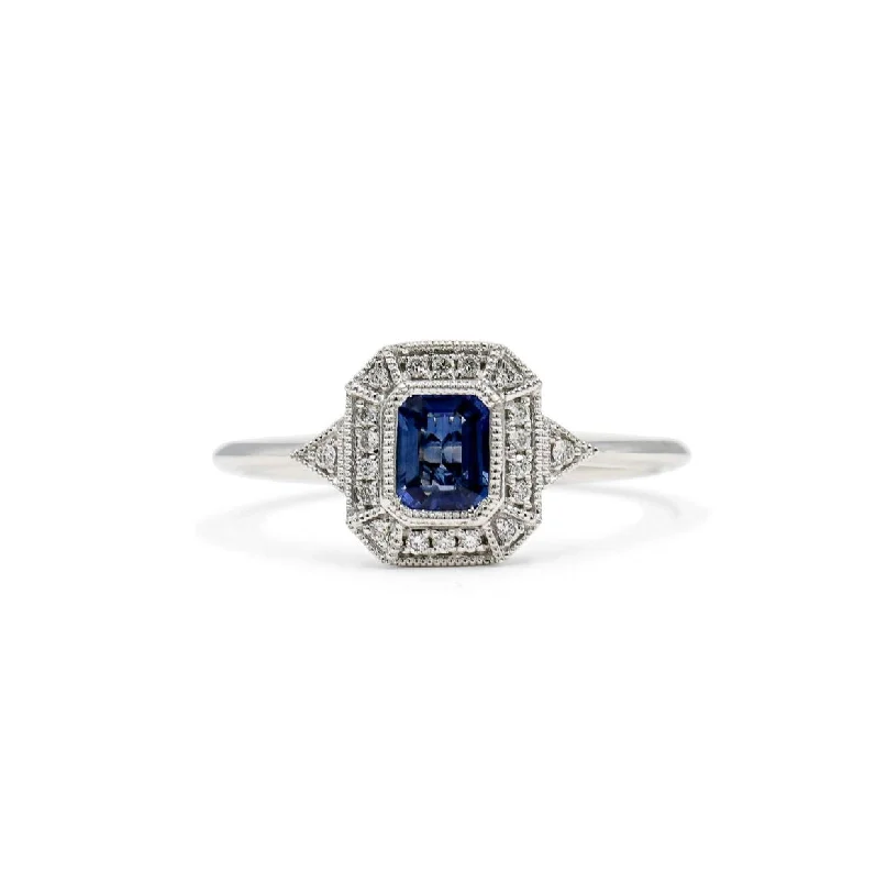 beautiful gemstone rings -14kw .47ct Sapphire Vintage Inspired Bezel Halo