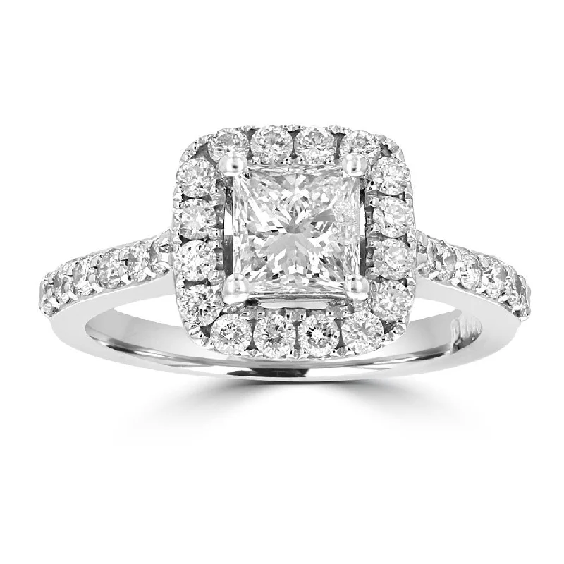 luxury engagement rings for women -14KT WHITE GOLD 1 1/2 CTW PRINCESS CUT DIAMOND ACCENT HALO RING