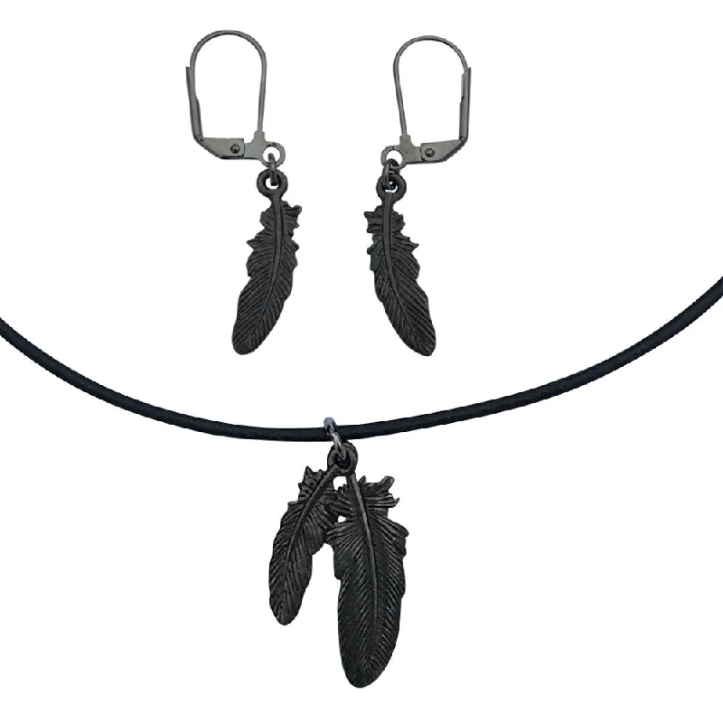 luxury ear accessories -DragonWeave Raven Feather Charm Necklace and Earring Set, Gunmetal Black Leather Choker and Leverback Earrings