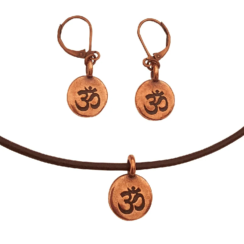 trendy tassel earrings -DragonWeave Om/Ohm Symbol Circle Charm Necklace and Earring Set, Antique Copper Brown Leather Choker and Leverback Earrings