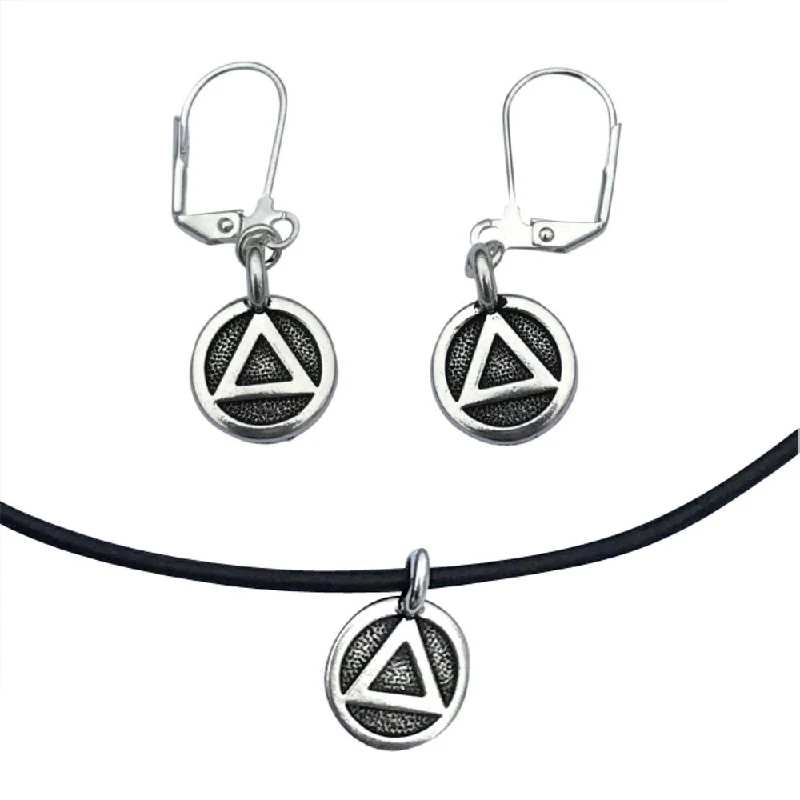 statement earrings for women -DragonWeave Recovery Triangle Circle Charm Necklace and Earring Set, Silver Plated Black Leather Choker and Leverback Earrings