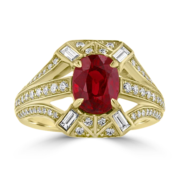 engagement rings with colored stones -JULEVE 18KT YELLOW GOLD 2.49CT RUBY & 0.65CT DIAMOND HALO RING