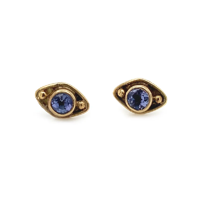 handmade gemstone earrings -Purple Tanzanite and Yellow Gold Stud Earrings - "Nereid"