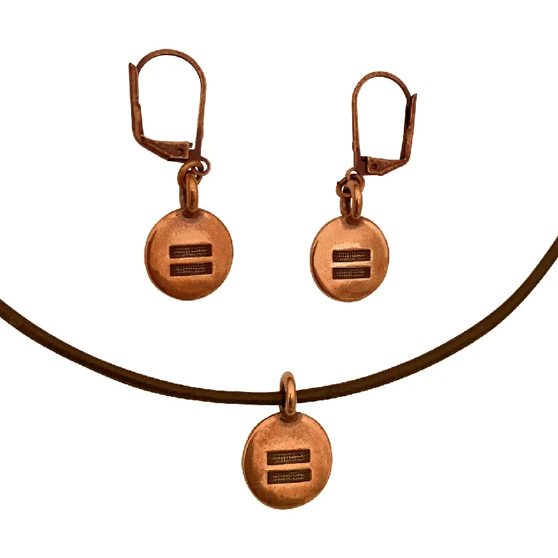 stylish statement earrings -DragonWeave Equality Circle Charm Necklace and Earring Set, Antique Copper Brown Leather Choker and Leverback Earrings