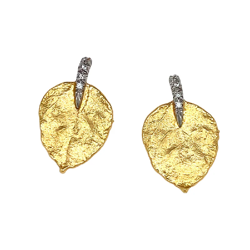 sterling silver earrings -Gold & Diamond Leaf Earrings - "Glittering Aspen"