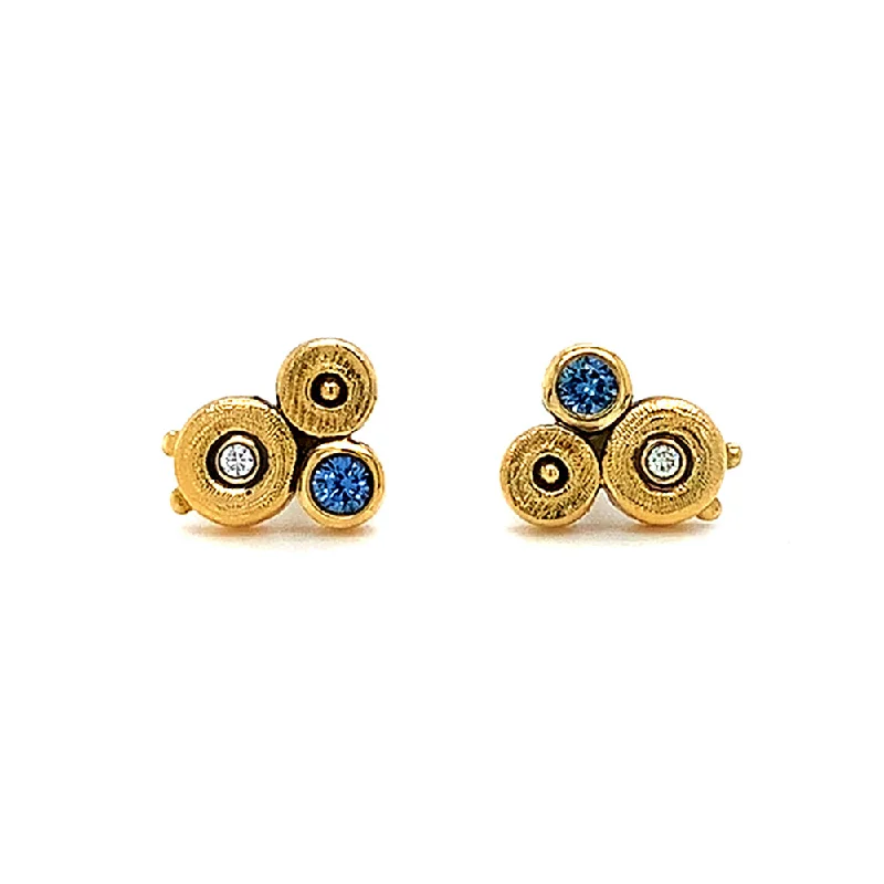 luxury gemstone drop earrings -Yogo Sapphire & Diamond Yellow Gold Stud Earrings - "Ocean"