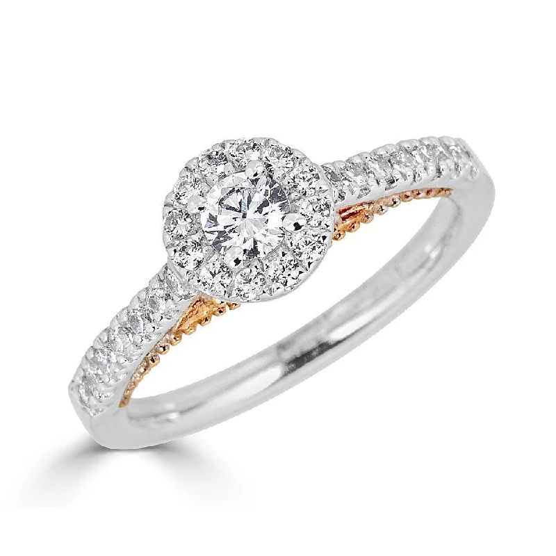 gold engagement rings for women -JULEVE 14KT TWO-TONE .50 CTW DIAMOND ROUND HALO CATHEDRAL RING