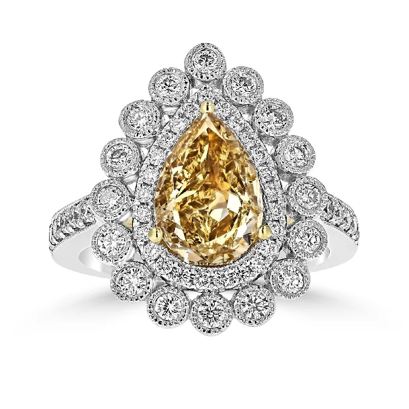 affordable engagement rings -JULEVE 18KT FANCY BROWN-YELLOW PEAR SHAPE DIAMOND DOUBLE HALO RING