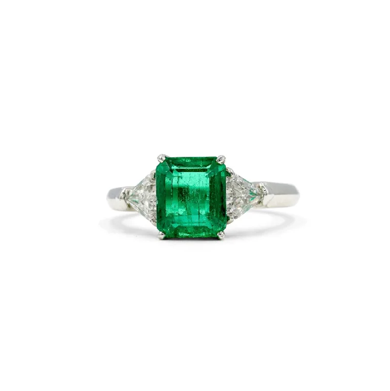 luxury engagement rings -Platinum 2.93ct Vintage Emerald & Diamond 3-Stone Ring