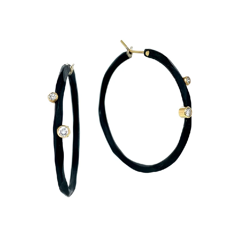 stylish statement earrings -Blackened Cobalt Chrome and Diamond Hoop Earrings - "Rogue River"